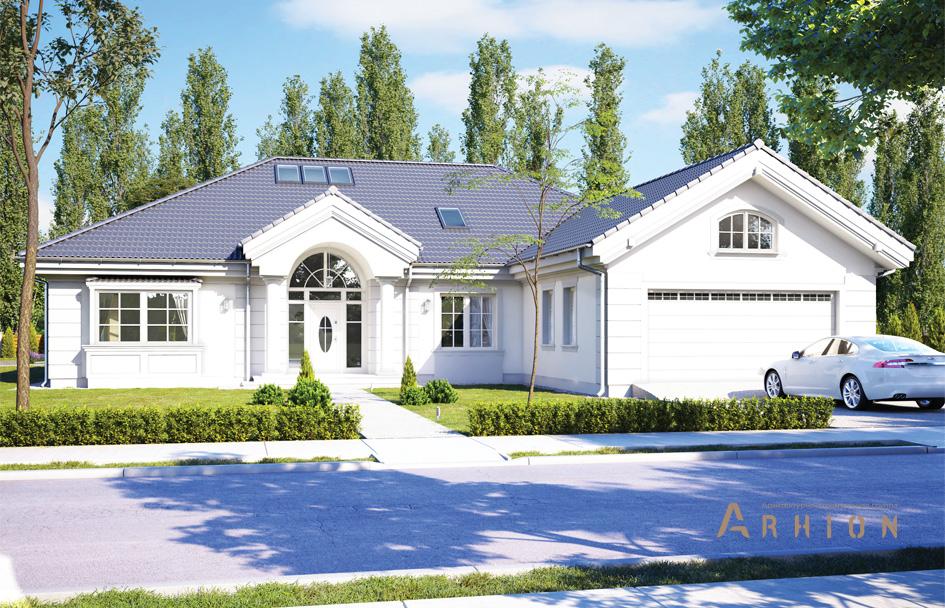 1. Проект одноэтажного дома в классическом стиле с четырехскатной, mp-289, площадью - 376 кв c мансардой, терассой, гаражом