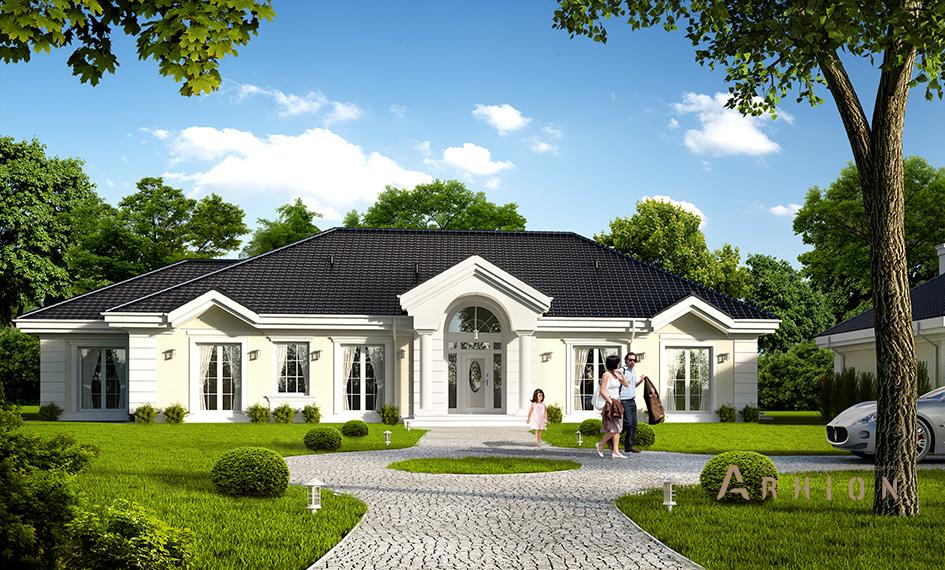 1. Проект одноэтажного дома в американском стиле с четырехскатной, mp-290, площадью - 255 кв c терассой, балконом, вторым светом