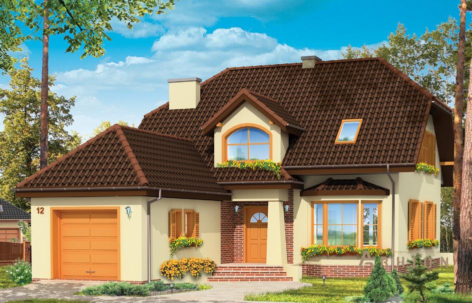 1. Проект одноэтажного дома в европейском стиле с двускатной кровлей, mp-296, площадью - 185 кв c мансардой, терассой, балконом, гаражом