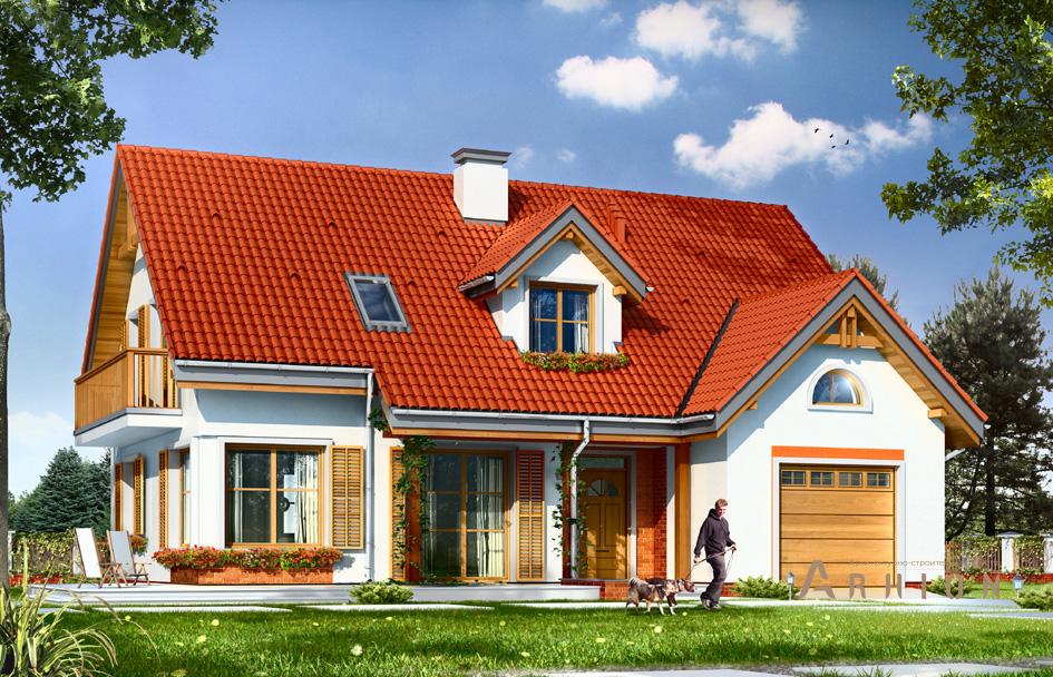 1. Проект одноэтажного дома в прованском стиле с двускатной кровлей, mp-298, площадью - 219 кв c мансардой, терассой, балконом, гаражом