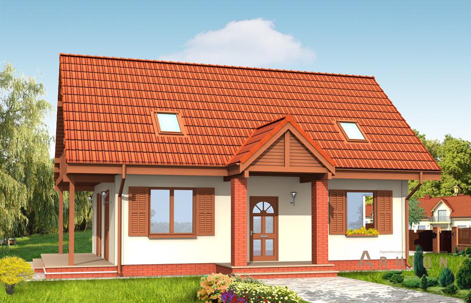 1. Проект одноэтажного дома в прованском стиле с двускатной кровлей, mp-311, площадью - 121 кв c мансардой, терассой, балконом