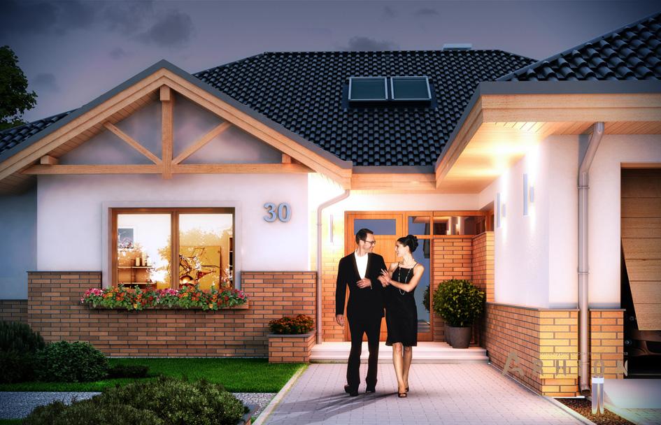 7. Проект одноэтажного дома в европейском стиле с многоскатной кровлей, mp-315, площадью - 299 кв c мансардой, терассой, гаражом, эркером, вторым светом