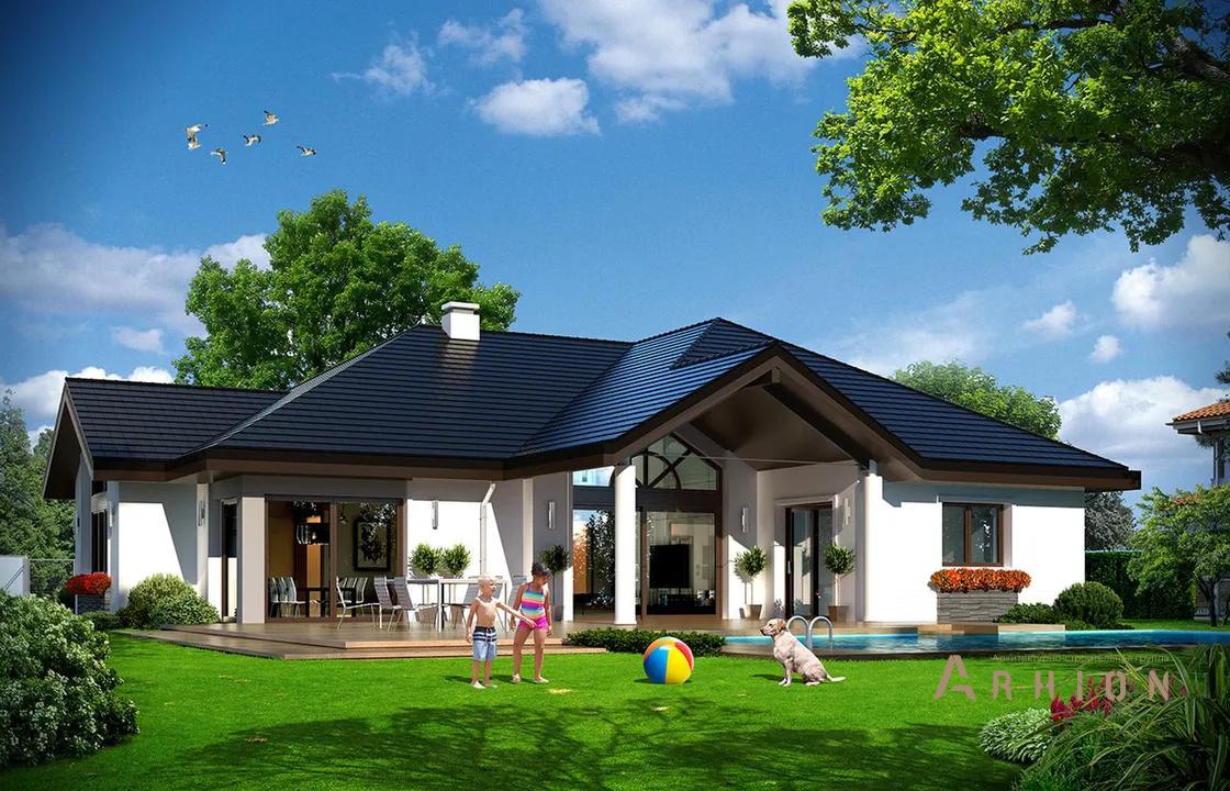 3. Проект одноэтажного дома в европейском стиле с многоскатной кровлей, mp-316, площадью - 225 кв c терассой, гаражом, эркером, вторым светом