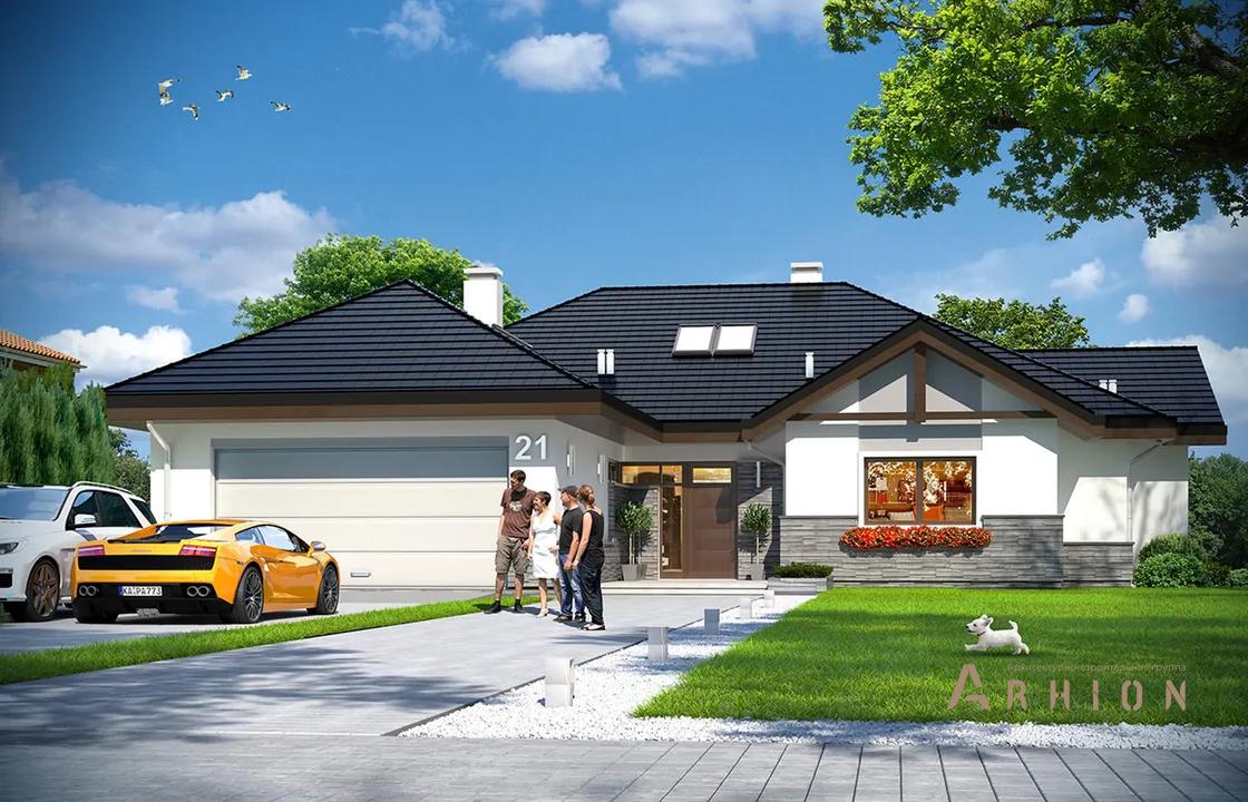 1. Проект одноэтажного дома в европейском стиле с многоскатной кровлей, mp-316, площадью - 225 кв c терассой, гаражом, эркером, вторым светом