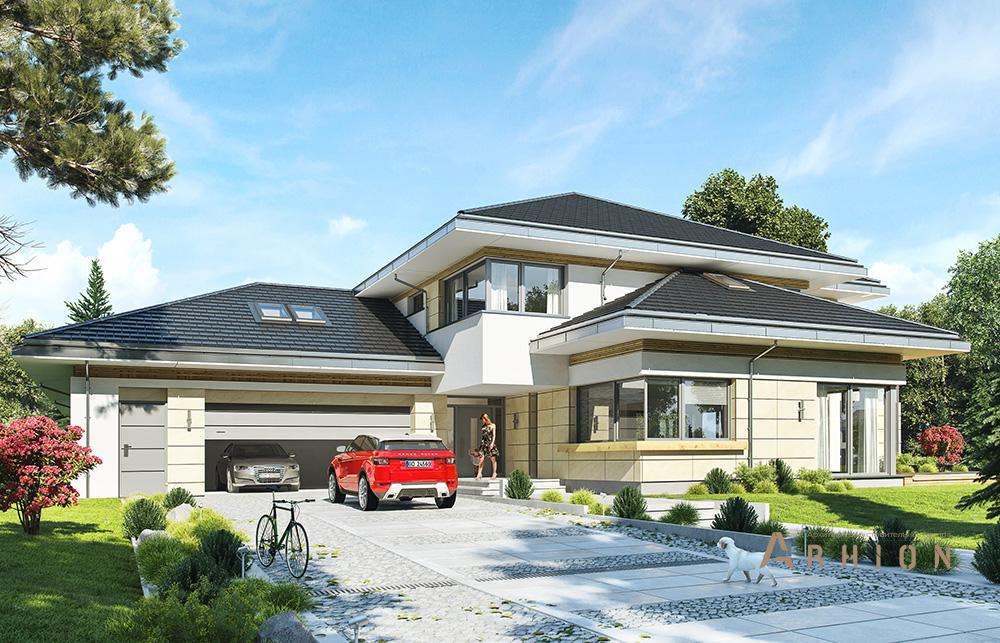 2. Проект двухэтажного дома в стиле Ллойда Райта (прерий) с четырехскатной, mp-320, площадью - 703 кв c терассой, балконом, гаражом