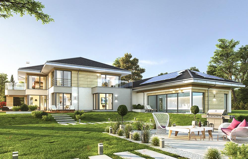 3. Проект двухэтажного дома в стиле Ллойда Райта (прерий) с четырехскатной, mp-320, площадью - 703 кв c терассой, балконом, гаражом