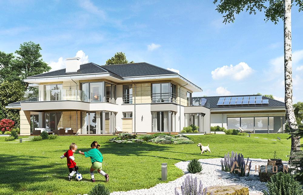 10. Проект двухэтажного дома в стиле Ллойда Райта (прерий) с четырехскатной, mp-320, площадью - 703 кв c терассой, балконом, гаражом