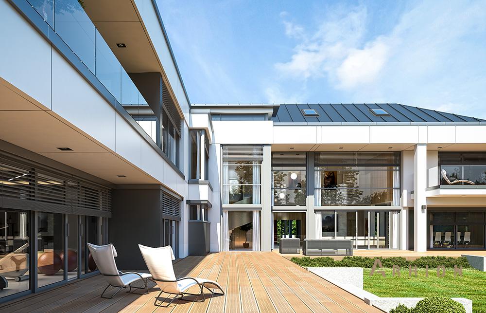 8. Проект двухэтажного дома в стиле хай-тек с четырехскатной, mp-321, площадью - 1200 кв c сауной, терассой, балконом, гаражом