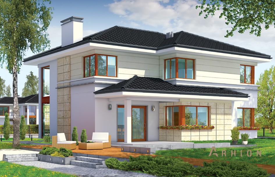 6. Проект двухэтажного дома в современном стиле с многоскатной кровлей, mp-323, площадью - 364 кв c цокольным этажом, терассой, гаражом, вторым светом