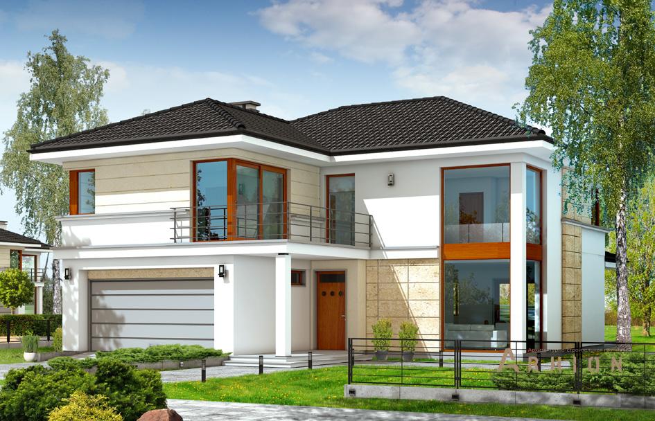 1. Проект двухэтажного дома в современном стиле с многоскатной кровлей, mp-323, площадью - 364 кв c цокольным этажом, терассой, гаражом, вторым светом