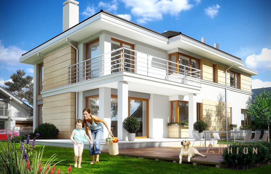 5. Проект двухэтажного дома в современном стиле с многоскатной кровлей, mp-325, площадью - 318 кв c терассой, балконом, гаражом, вторым светом