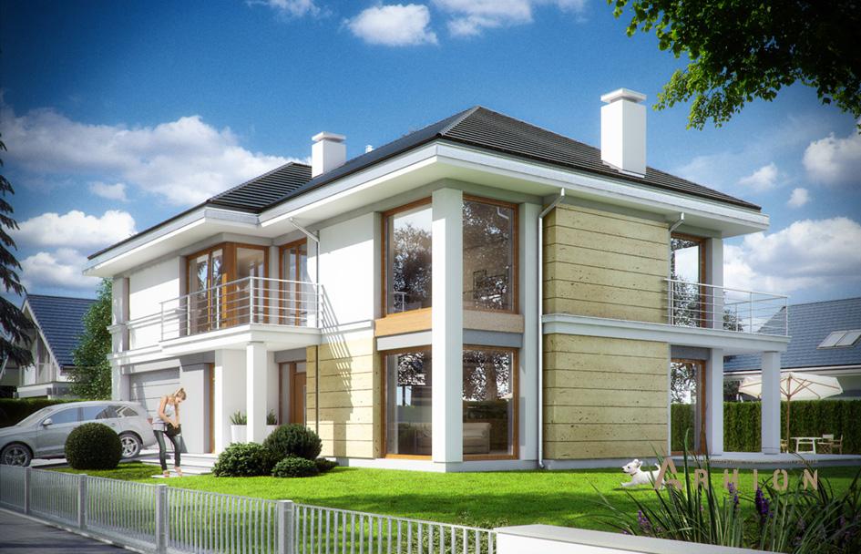 8. Проект двухэтажного дома в современном стиле с многоскатной кровлей, mp-325, площадью - 318 кв c терассой, балконом, гаражом, вторым светом