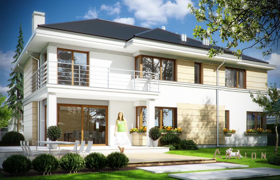 7. Проект двухэтажного дома в современном стиле с многоскатной кровлей, mp-325, площадью - 318 кв c терассой, балконом, гаражом, вторым светом