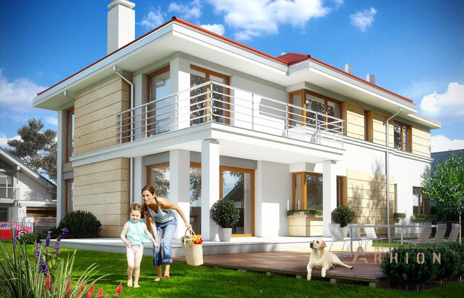 9. Проект двухэтажного дома в современном стиле с многоскатной кровлей, mp-325, площадью - 318 кв c терассой, балконом, гаражом, вторым светом