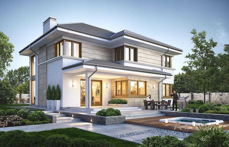 3. Проект двухэтажного дома в современном стиле с многоскатной кровлей, mp-327, площадью - 240 кв c терассой, балконом, гаражом, вторым светом