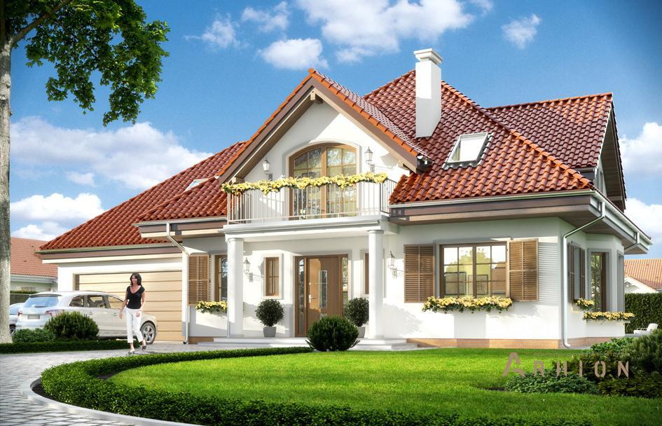 1. Проект одноэтажного дома в европейском стиле с четырехскатной, mp-330, площадью - 223 кв c мансардой, терассой, балконом, гаражом, эркером