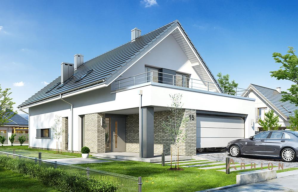 3. Проект одноэтажного дома в европейском стиле с двускатной кровлей, mp-338, площадью - 238 кв c мансардой, терассой, балконом, гаражом, вторым светом