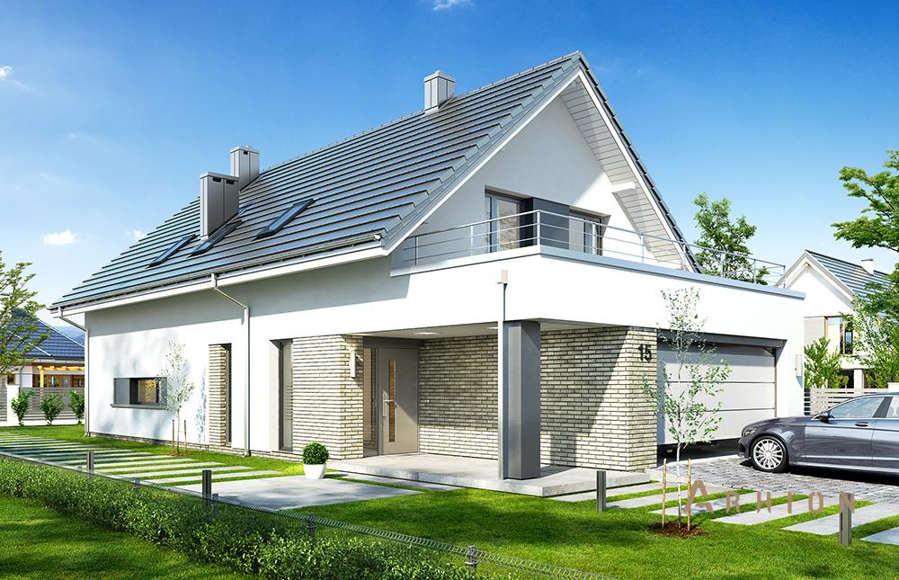 4. Проект одноэтажного дома в европейском стиле с двускатной кровлей, mp-338, площадью - 238 кв c мансардой, терассой, балконом, гаражом, вторым светом