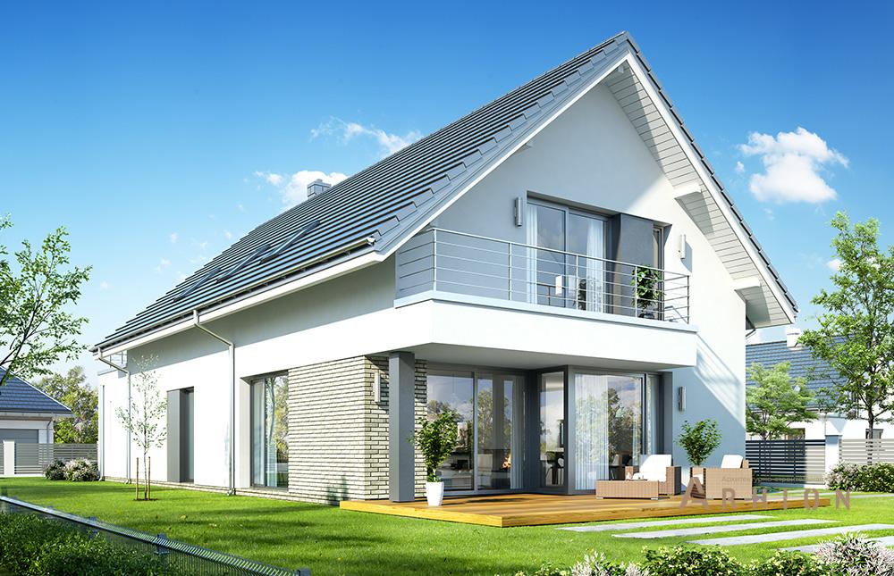 2. Проект одноэтажного дома в европейском стиле с двускатной кровлей, mp-338, площадью - 238 кв c мансардой, терассой, балконом, гаражом, вторым светом