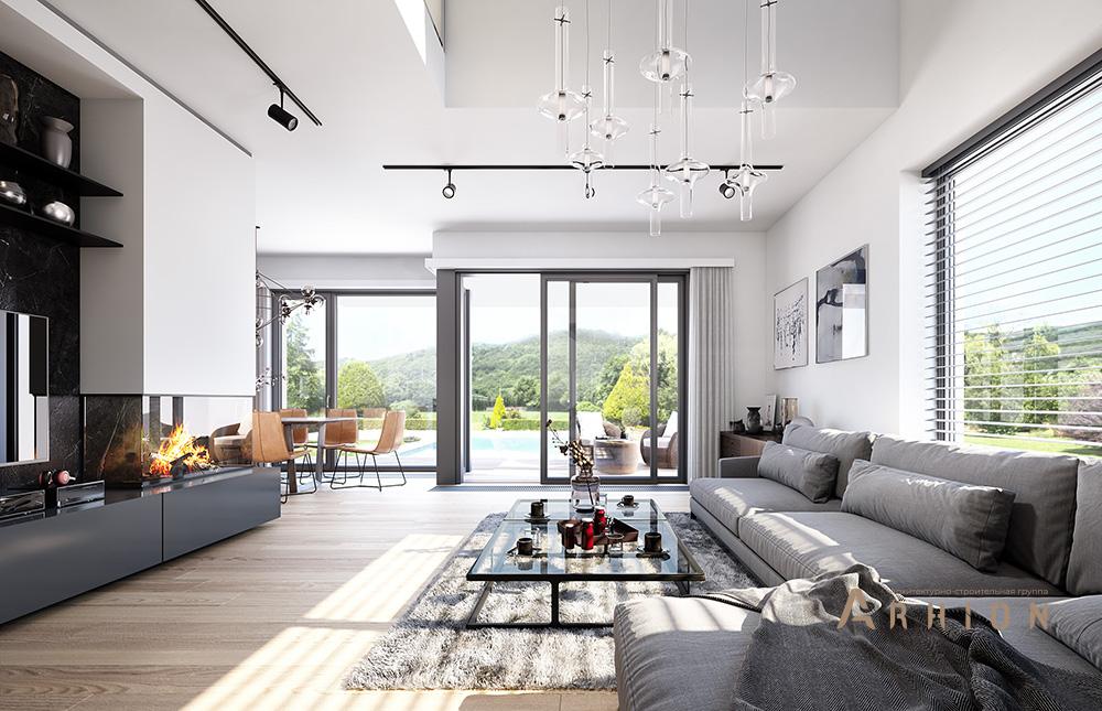 6. Проект одноэтажного дома в европейском стиле с двускатной кровлей, mp-338, площадью - 238 кв c мансардой, терассой, балконом, гаражом, вторым светом