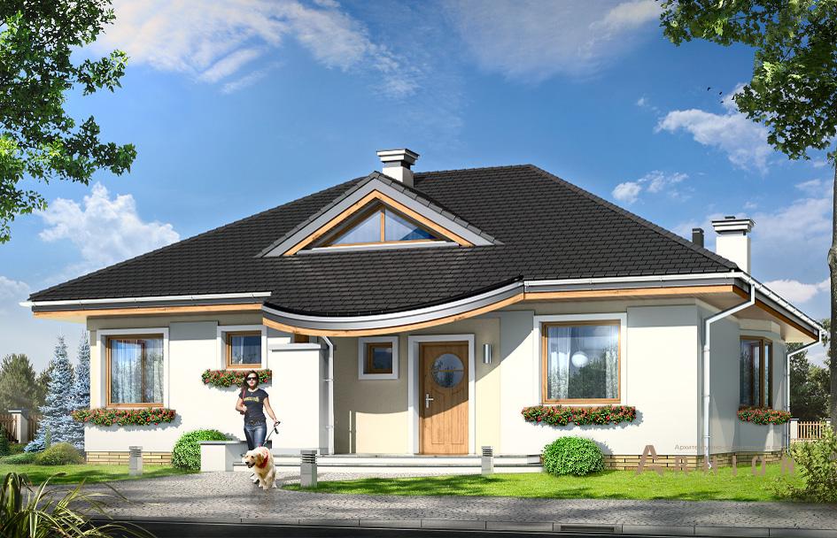 1. Проект одноэтажного дома в европейском стиле с многоскатной кровлей, mp-339, площадью - 154 кв c мансардой, терассой, эркером