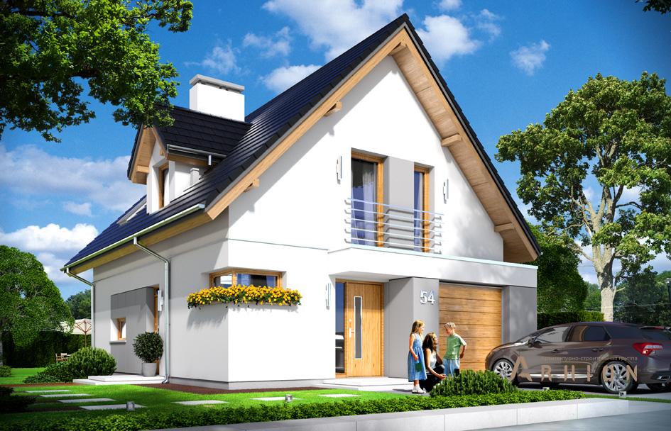 1. Проект одноэтажного дома в канадском стиле с двускатной кровлей, mp-341, площадью - 171 кв c мансардой, терассой, балконом, гаражом