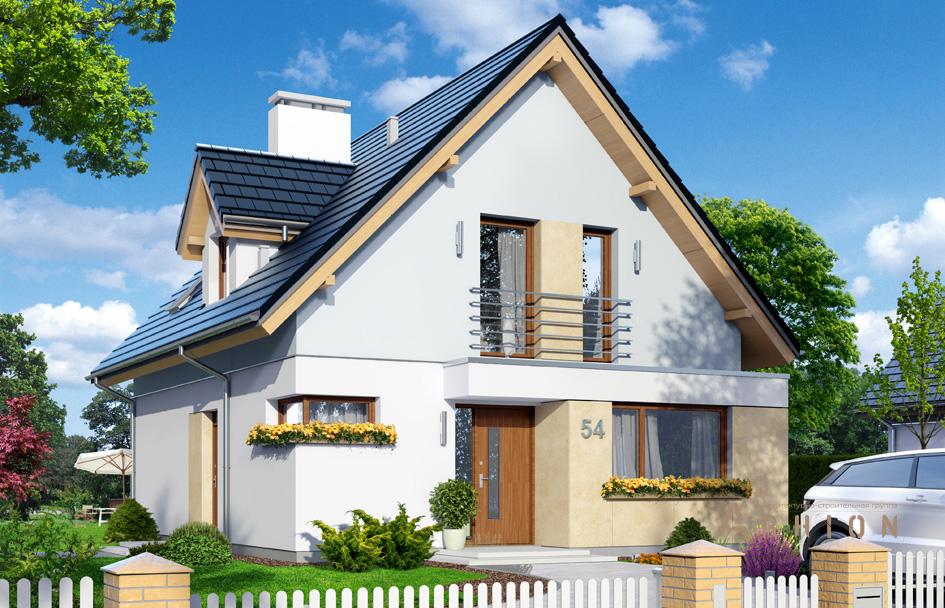 1. Проект одноэтажного дома в европейском стиле с двускатной кровлей, mp-342, площадью - 171 кв c мансардой, терассой, балконом