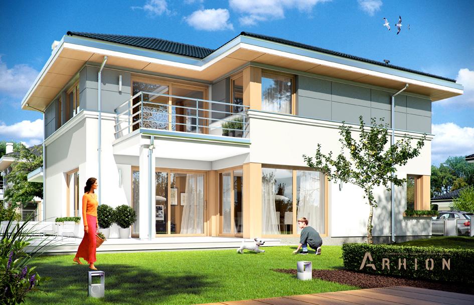 2. Проект двухэтажного дома в современном стиле с четырехскатной, mp-344, площадью - 415 кв c цокольным этажом, мансардой, терассой, балконом, гаражом