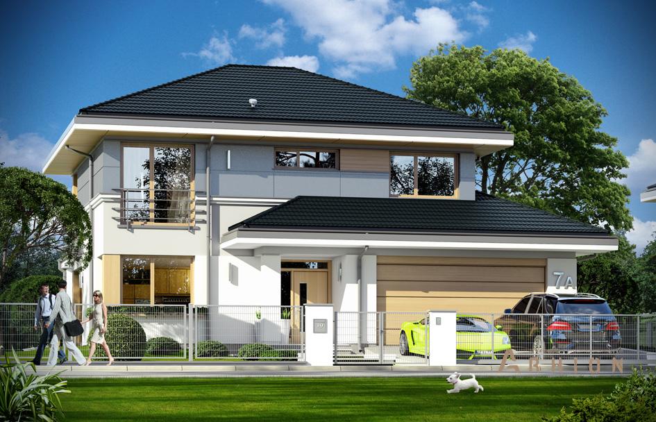 1. Проект двухэтажного дома в современном стиле с четырехскатной, mp-344, площадью - 415 кв c цокольным этажом, мансардой, терассой, балконом, гаражом