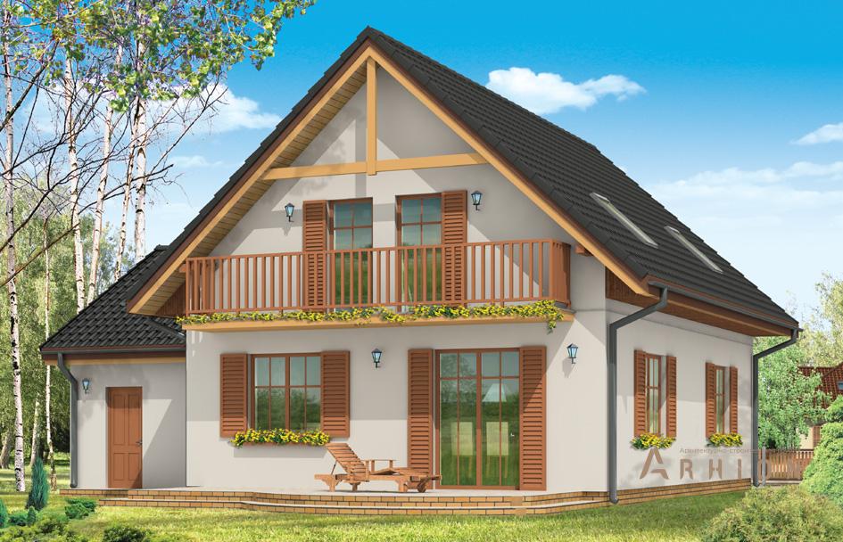 2. Проект одноэтажного дома в европейском стиле с двускатной кровлей, mp-345, площадью - 184 кв c мансардой, терассой, балконом, гаражом