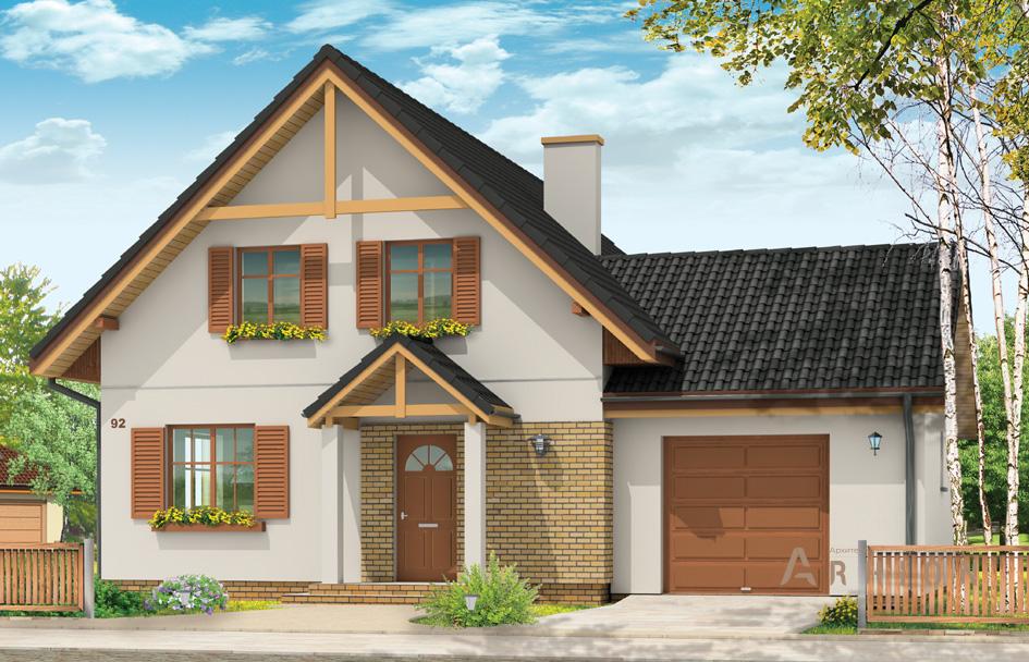 1. Проект одноэтажного дома в европейском стиле с двускатной кровлей, mp-345, площадью - 184 кв c мансардой, терассой, балконом, гаражом