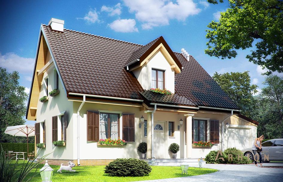 1. Проект одноэтажного дома в прованском стиле с двускатной кровлей, mp-349, площадью - 157 кв c мансардой, терассой, гаражом