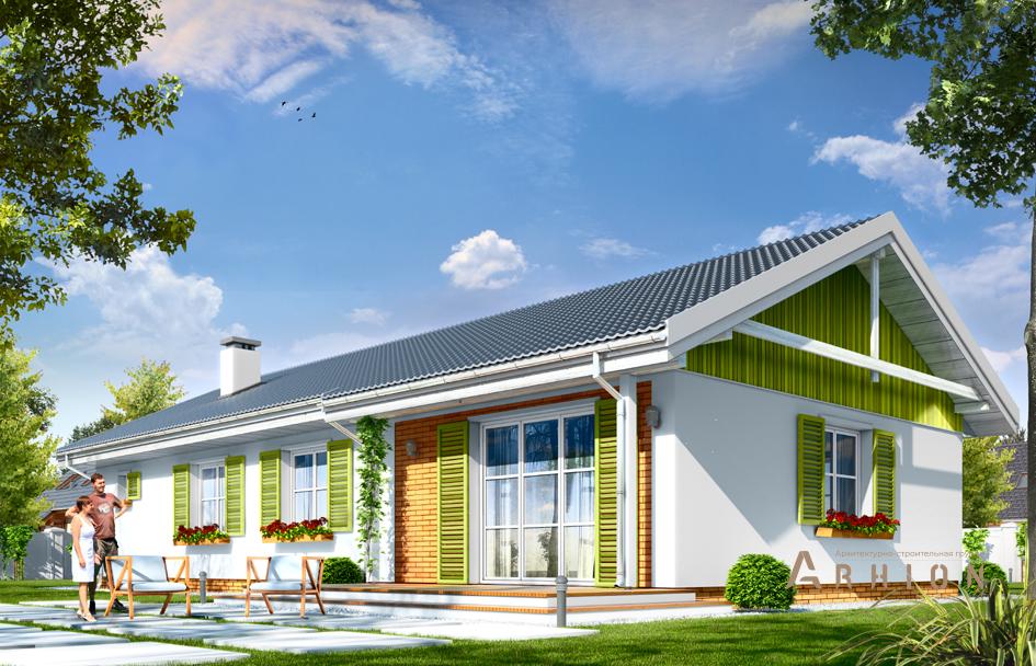 2. Проект одноэтажного дома в прованском стиле с двускатной кровлей, mp-365, площадью - 145 кв c терассой, гаражом