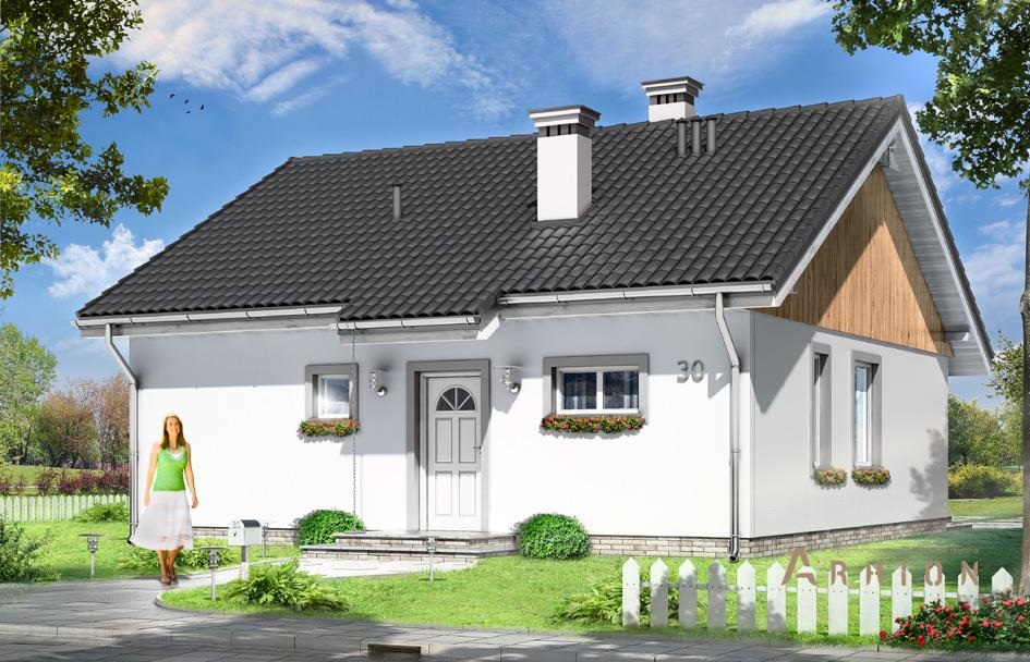 1. Проект одноэтажного дома в канадском стиле с двускатной кровлей, mp-375, площадью - 90 кв c терассой