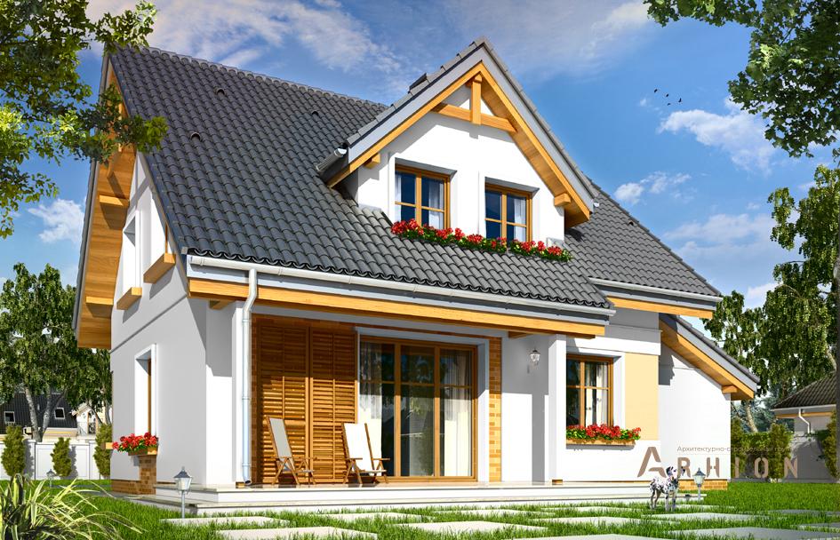 2. Проект одноэтажного дома в европейском стиле с двускатной кровлей, mp-378, площадью - 163 кв c мансардой, терассой, гаражом