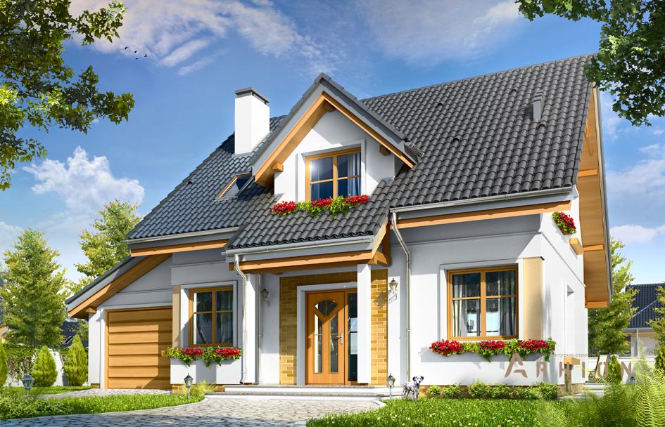 1. Проект одноэтажного дома в европейском стиле с двускатной кровлей, mp-378, площадью - 163 кв c мансардой, терассой, гаражом