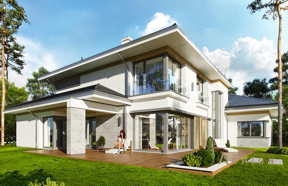 9. Проект двухэтажного дома в современном стиле с многоскатной кровлей, mp-379, площадью - 394 кв c терассой, гаражом