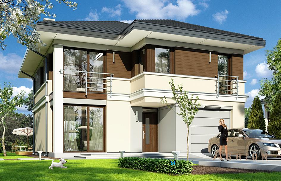 1. Проект двухэтажного дома в современном стиле с четырехскатной, mp-386, площадью - 207 кв c терассой, гаражом