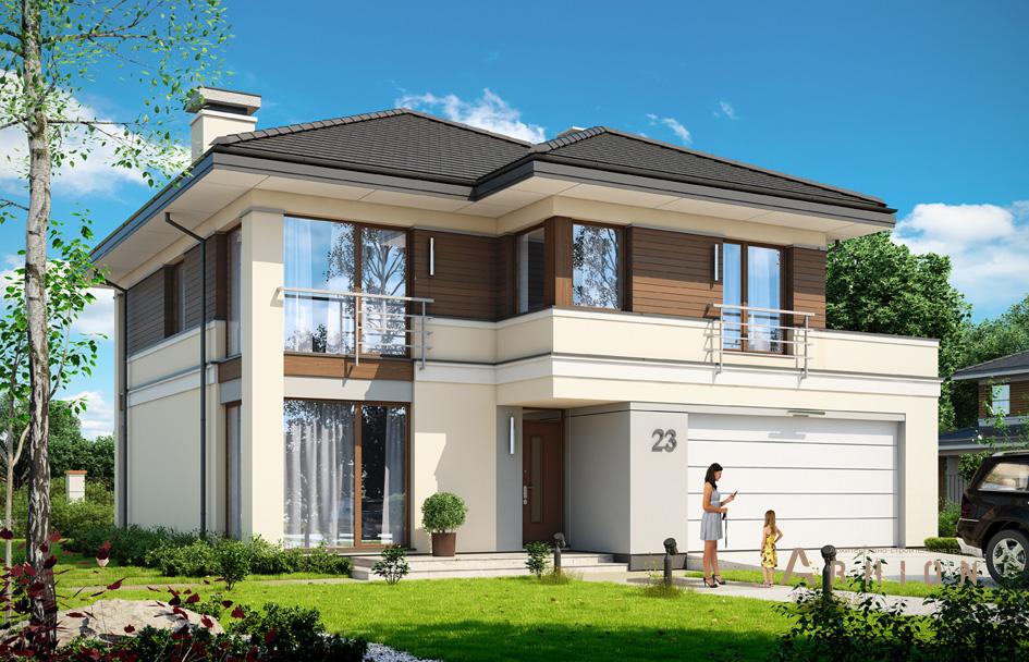 1. Проект двухэтажного дома в современном стиле с четырехскатной, mp-389, площадью - 188 кв c терассой, гаражом