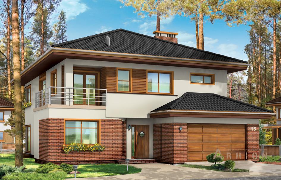 1. Проект двухэтажного дома в современном стиле с четырехскатной, mp-391, площадью - 332 кв c терассой, балконом, гаражом