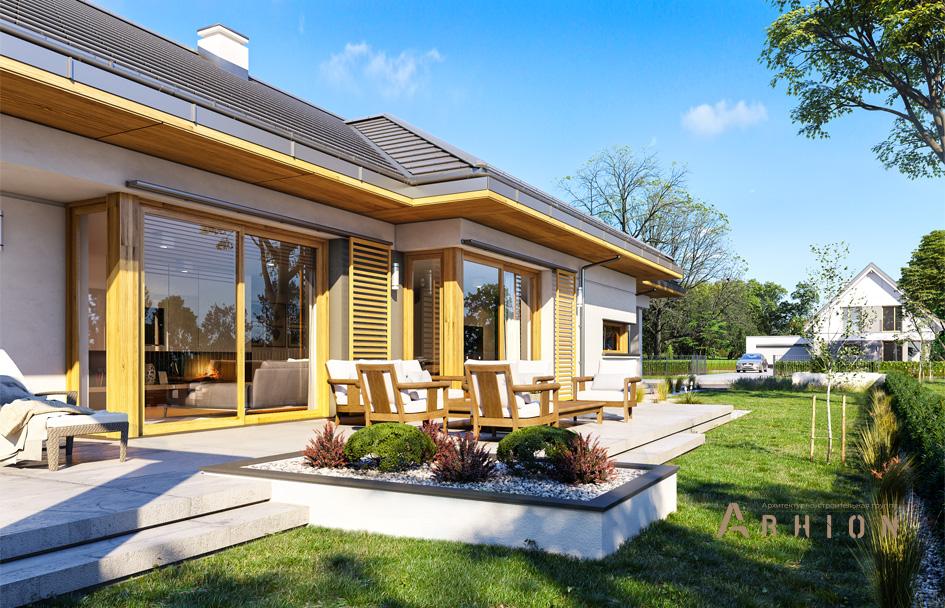 3. Проект одноэтажного дома в современном стиле с четырехскатной, mp-397, площадью - 180 кв c терассой, гаражом