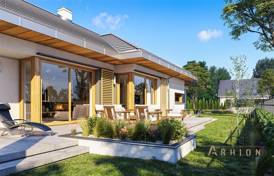 2. Проект одноэтажного дома в современном стиле с четырехскатной, mp-397, площадью - 180 кв c терассой, гаражом