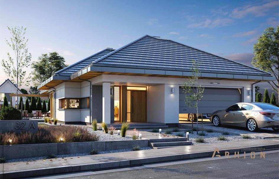 1. Проект одноэтажного дома в современном стиле с четырехскатной, mp-397, площадью - 180 кв c терассой, гаражом