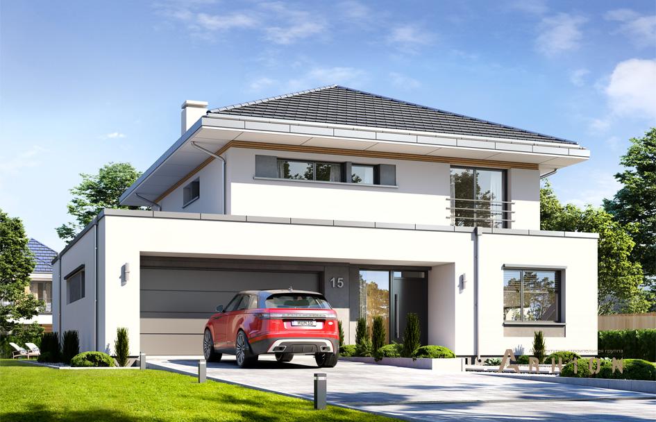 9. Проект двухэтажного дома в стиле Ллойда Райта (прерий) с четырехскатной, mp-398, площадью - 218 кв c терассой, гаражом, вторым светом