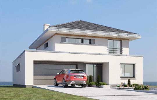 2. Проект двухэтажного дома в стиле Ллойда Райта (прерий) с четырехскатной, mp-398, площадью - 218 кв c терассой, гаражом, вторым светом