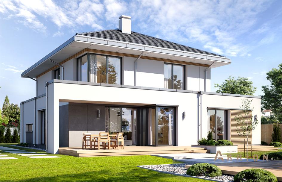 8. Проект двухэтажного дома в стиле Ллойда Райта (прерий) с четырехскатной, mp-398, площадью - 218 кв c терассой, гаражом, вторым светом