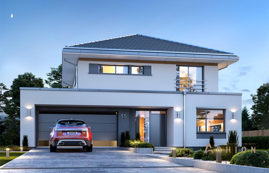 1. Проект двухэтажного дома в стиле Ллойда Райта (прерий) с четырехскатной, mp-398, площадью - 218 кв c терассой, гаражом, вторым светом