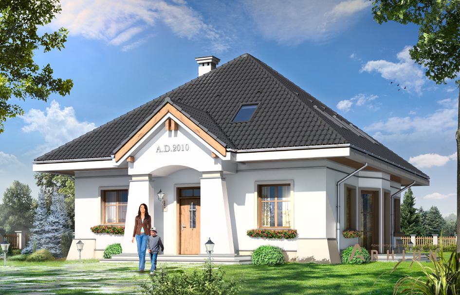 1. Проект одноэтажного дома в европейском стиле с четырехскатной, mp-425, площадью - 183 кв c мансардой, терассой, балконом, эркером