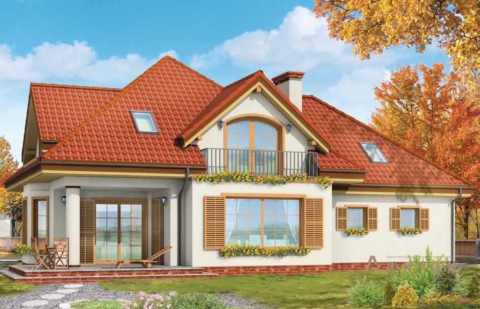 5. Проект одноэтажного дома в прованском стиле с многоскатной кровлей, mp-438, площадью - 240 кв c мансардой, терассой, балконом, гаражом, эркером