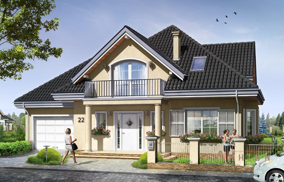 1. Проект одноэтажного дома в европейском стиле с многоскатной кровлей, mp-439, площадью - 211 кв c мансардой, терассой, балконом, гаражом, эркером